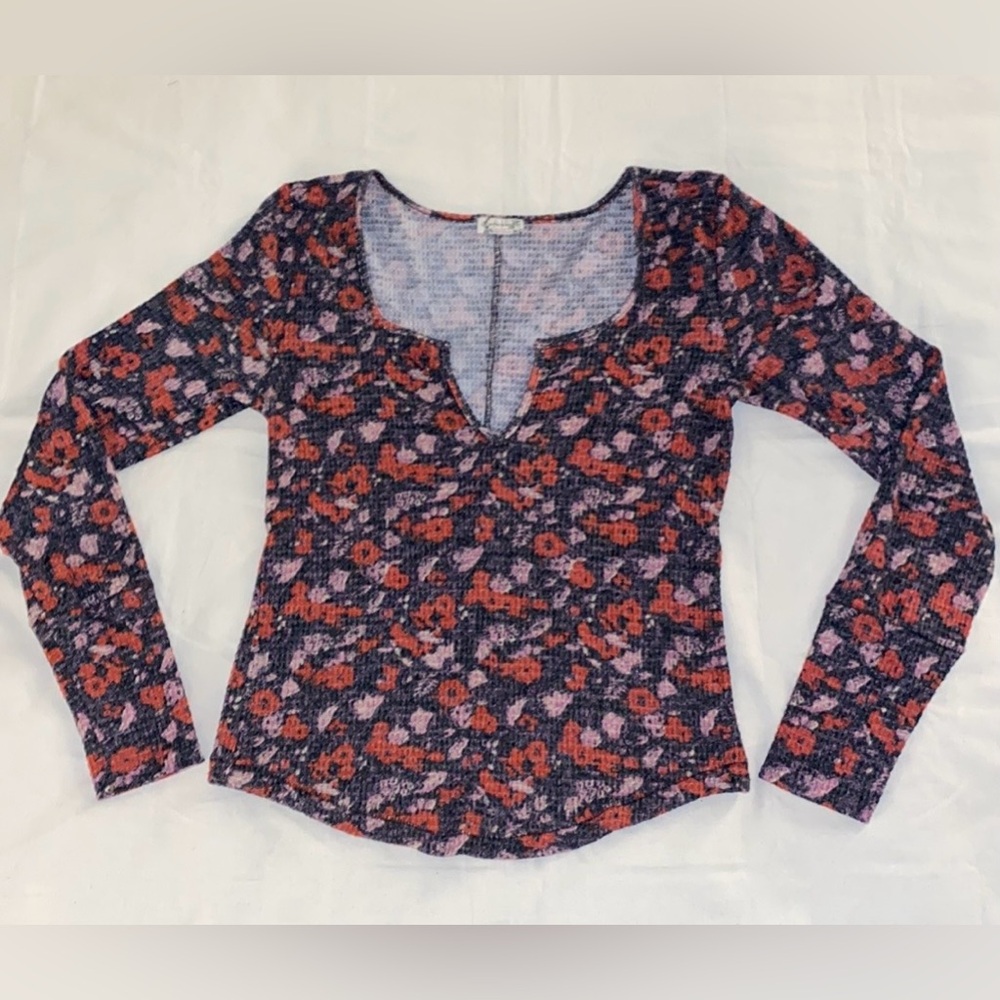 Free People Ciara Printed Floral Waffle Knit Top - Black Combo - Picture 6 of 12